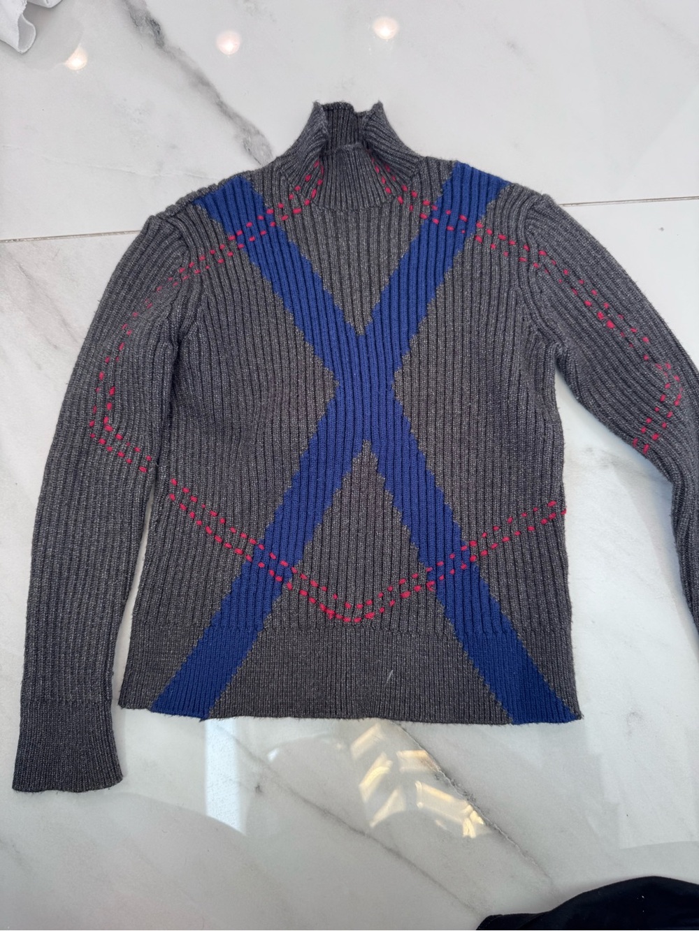 Boy Ribbed Grey Sweater with Blue & red Accent
